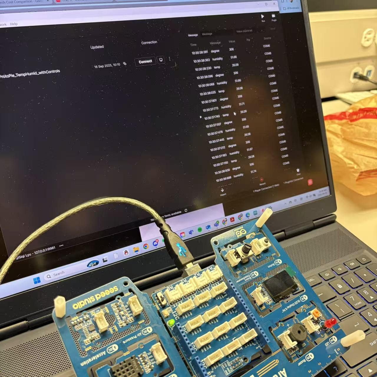Data displayed when the Arduino connects to the sensing software on the computer. It adjusts humidity and temperature readings based on information received from the sensors on the Arduino.